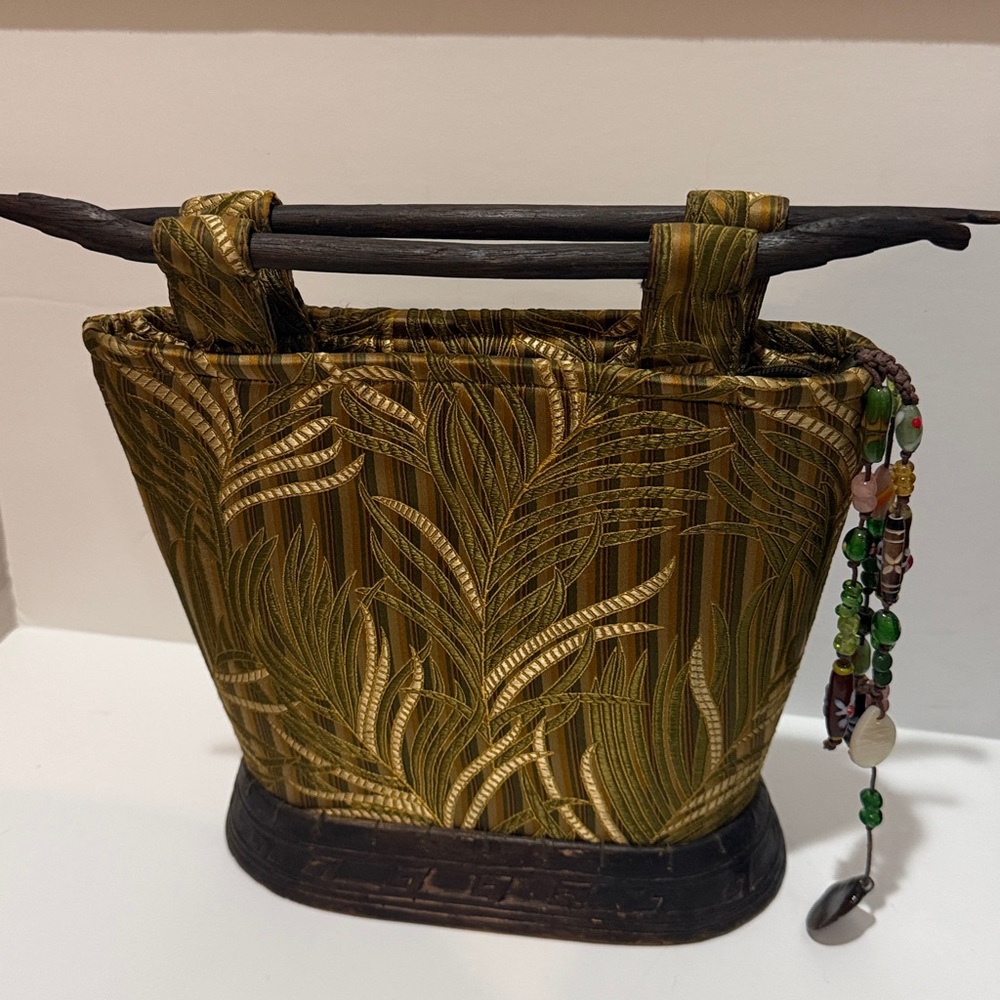 Artisan bag Green Silk/Wood Handle Base Neshama Avara Yaron “ The Empress bag!”